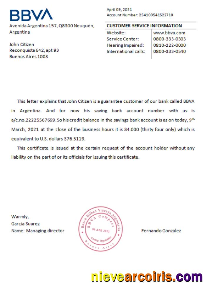 Argentina BBVA bank reference